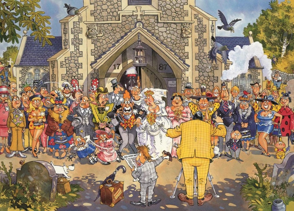 Chaotic cartoon wedding outside a church: Stressed bride, groom and eccentric guests, with a photographer struggling for a shot