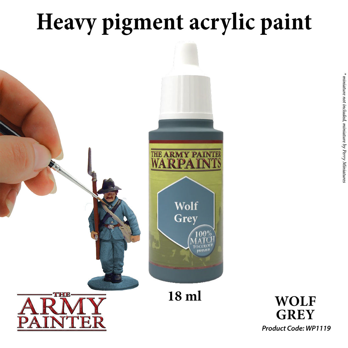 A hand paints a miniature soldier using a brush, alongside a bottle of "Wolf Grey" acrylic paint