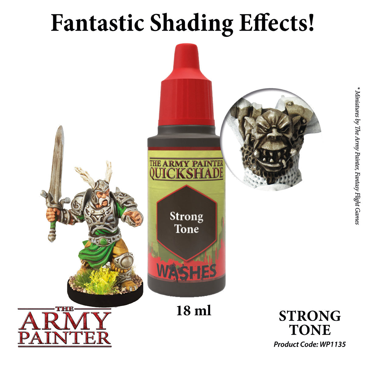 Army Painter Quickshade Strong Tone wash bottle, demonstrating shading on a fantasy warrior and an orc head