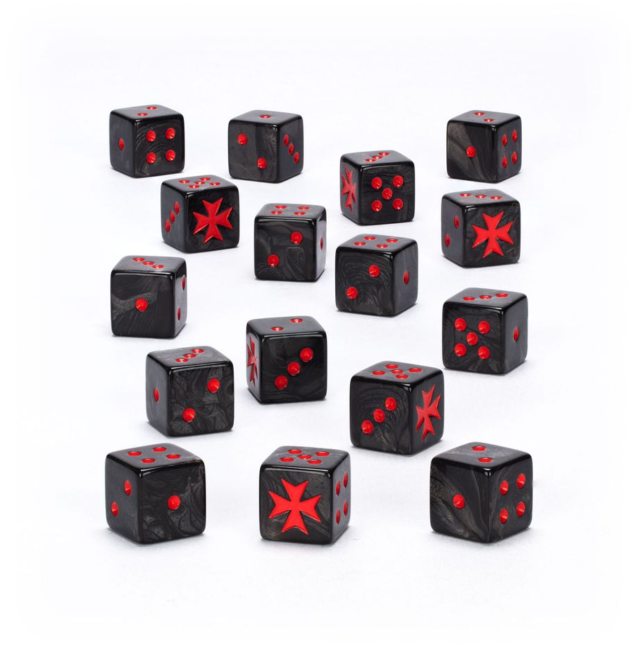 Black marbled dice with red pips and prominent red Maltese cross symbols