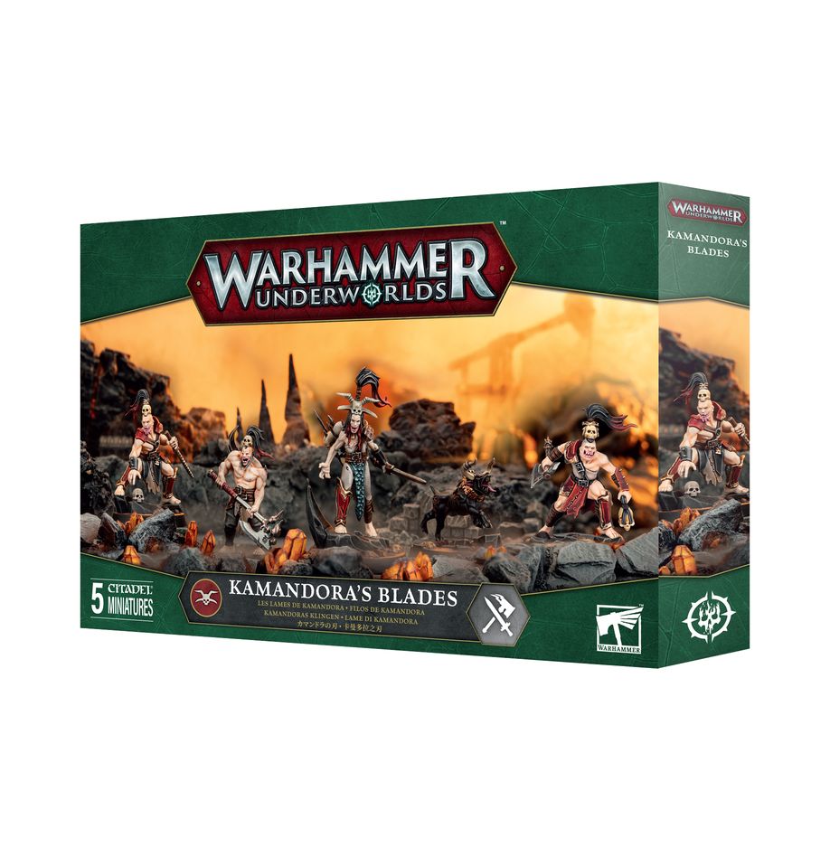 Warhammer Underworlds: Kamandora's Blades box showing five fantasy miniatures, including warriors with axes, swords, and a beast, against a barren, orange-lit landscape