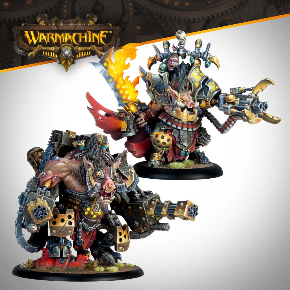 Two detailed Warmachine miniatures: an armored pig-man with a flaming sword & cannon, and a heavily armed cyborg boar