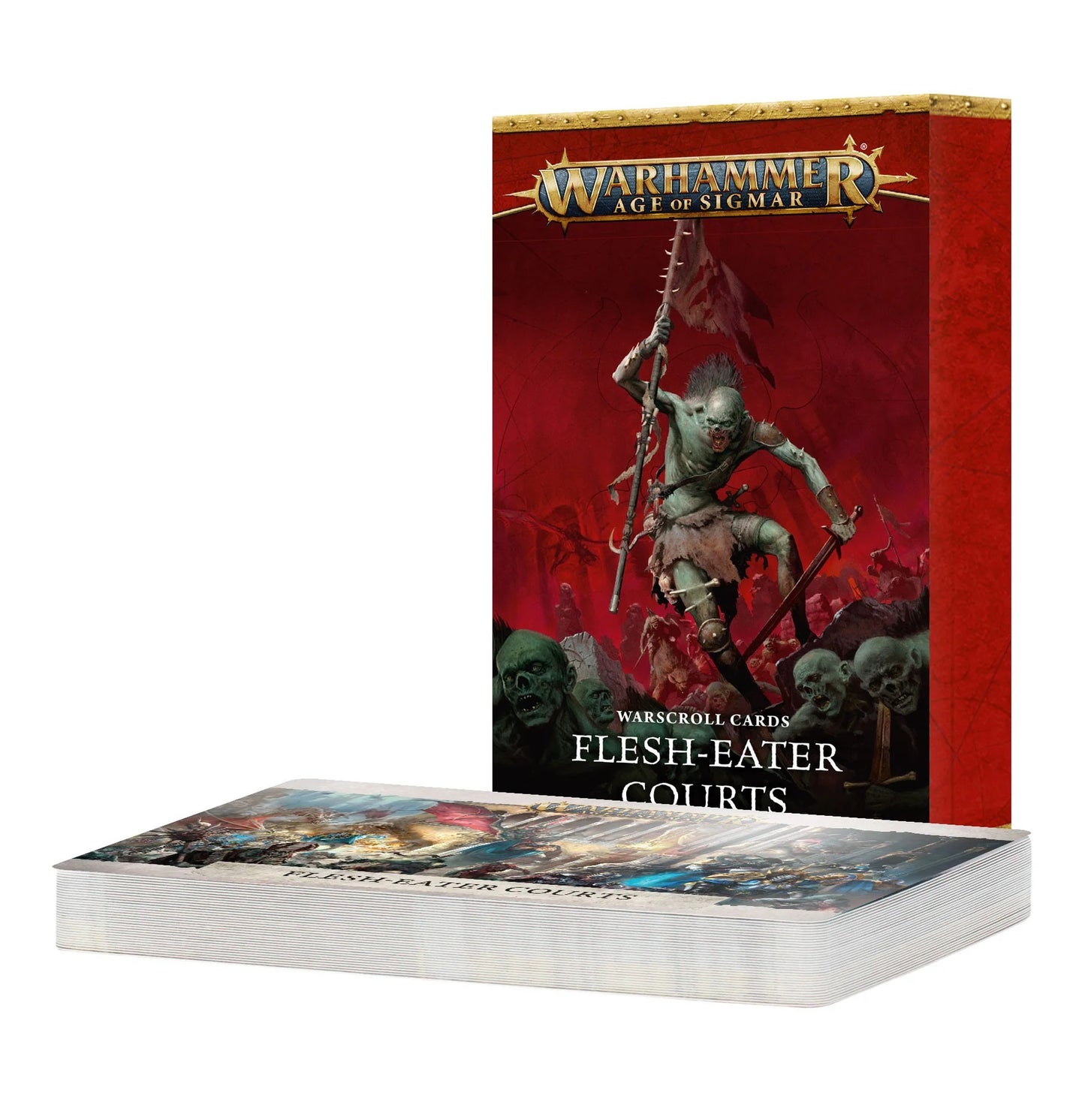 Warhammer AoS Flesh-Eater Courts Warscroll Cards set, featuring a ghoul warrior holding a banner and sword