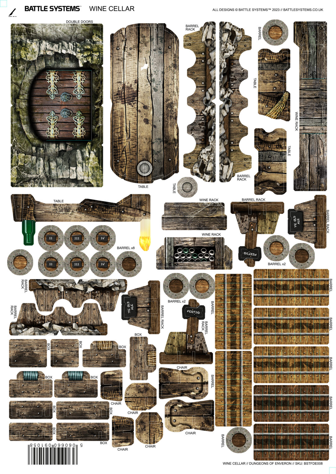 Battle Systems Wine Cellar terrain kit cut-out sheet with wooden and stone doors, barrels, racks, tables, and chairs.