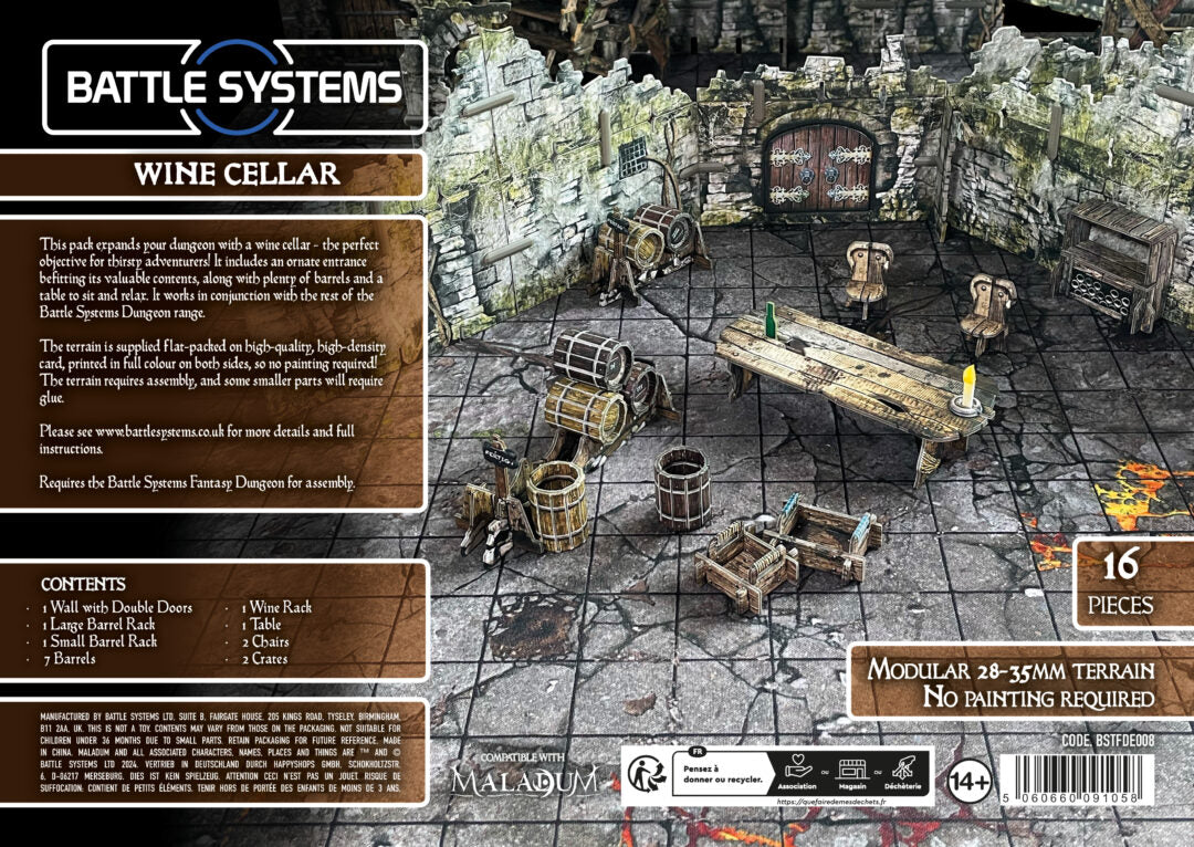 Battle Systems Wine Cellar modular terrain set: a miniature dungeon room with stone walls, table, chairs, barrels, and crates.
