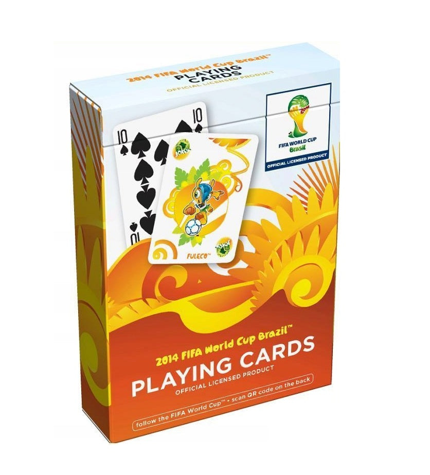 Official box of 2014 FIFA World Cup Brazil playing cards featuring Fuleco, the armadillo mascot, and sample cards