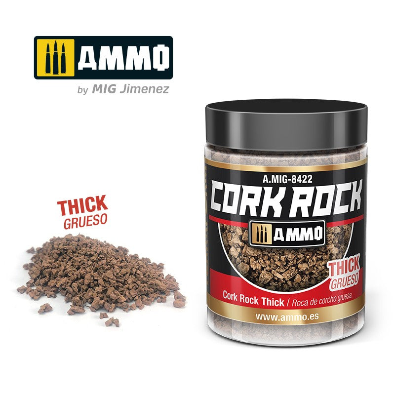 Jar of AMMO by MIG Jimenez Cork Rock Thick, A.MIG-8422, with a pile of the coarse brown cork material.