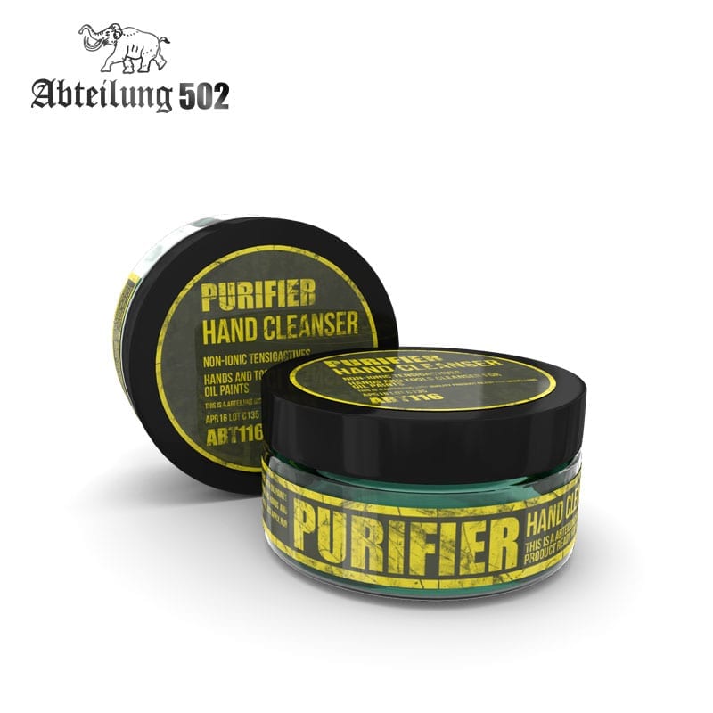 Abt 502 Purifier Hand Cleanser ABT116 non-ionic tensioactive hand and tool cleaner for oil paints in two black and yellow labeled round jars one open showing green contents