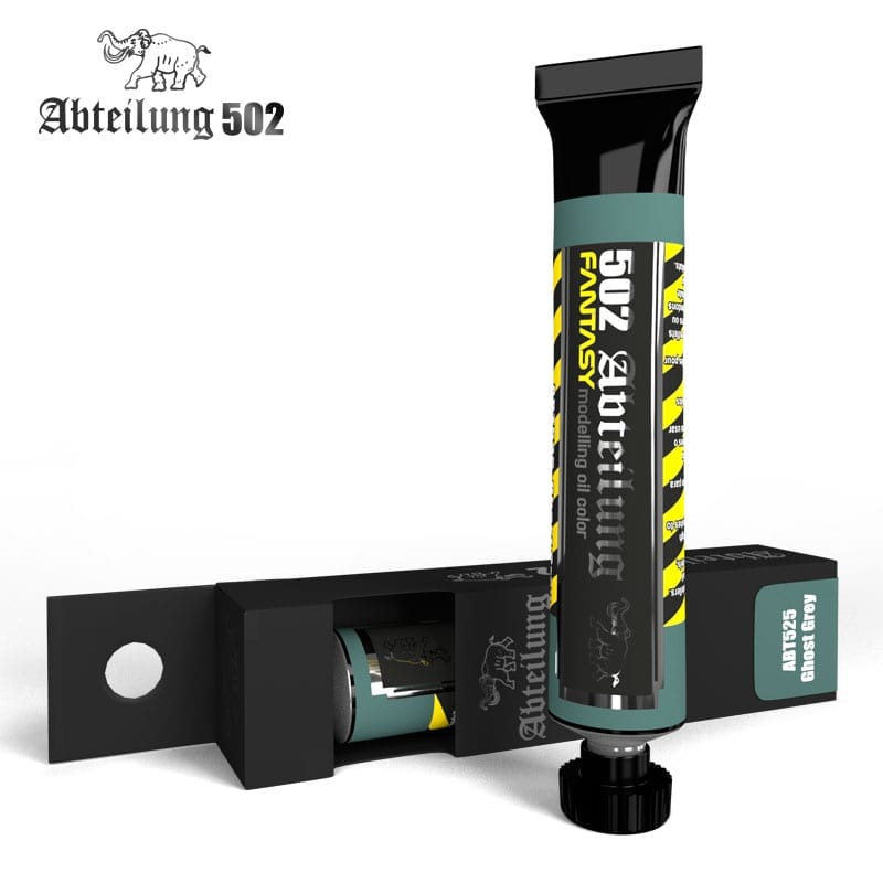 AK Interactive Abteilung 502 modelling oil paint 20ml tube displayed upright next to its open black product box revealing another tube inside featuring the brand's elephant logo