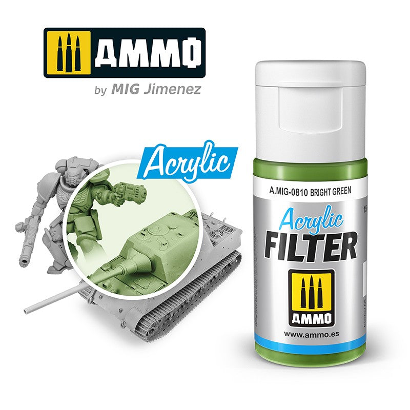 Bright green AMMO Acrylic Filter paint bottle, with miniature Space Marine and tank models showing the applied filter effect.