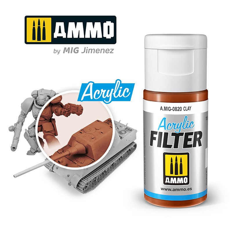 AMMO Acrylic Filter 'Clay' paint bottle. Miniatures of a tank and a space marine show the filter's brown effect.