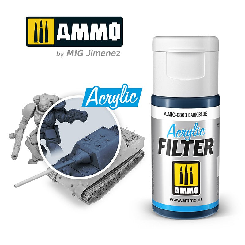 AMMO Dark Blue Acrylic Filter paint bottle for models. Shows filter applied to a tank and a space marine figurine.