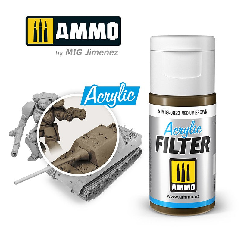 AMMO Medium Brown Acrylic Filter paint with model tank and figure, showing grey vs. filtered brown tones.