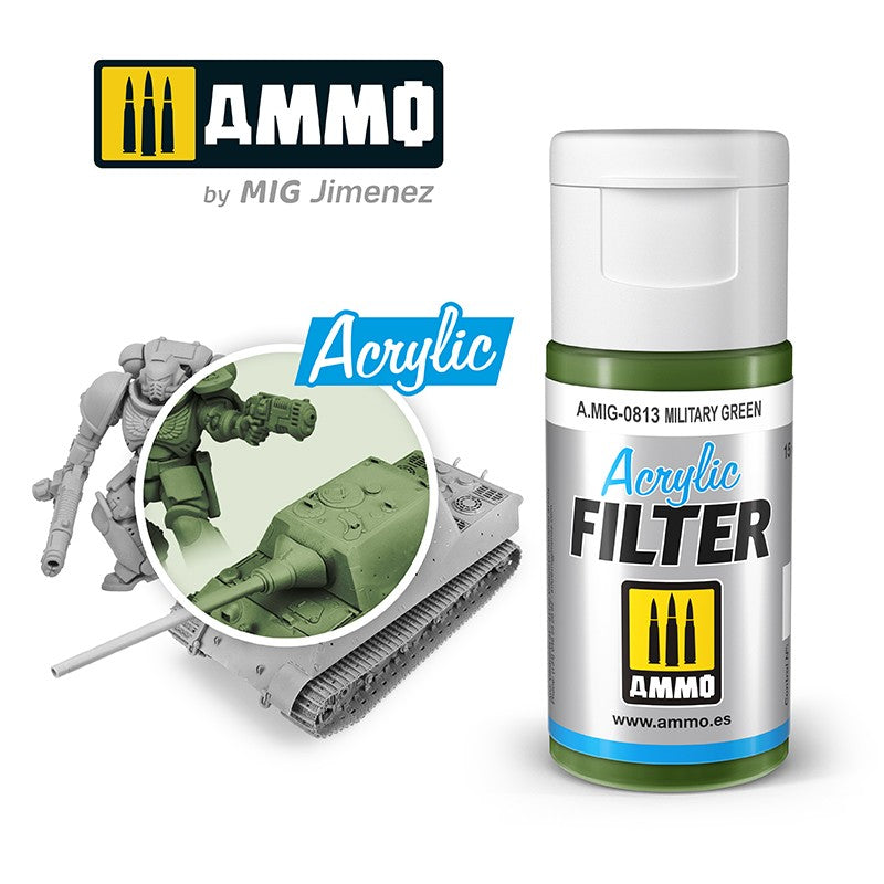 AMMO by MIG Jimenez Military Green Acrylic Filter bottle, demonstrating its application on a model tank and figure.