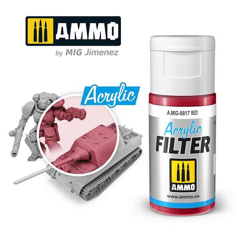 Red AMMO acrylic filter paint bottle next to miniature tank and figure, showing red-filtered sections