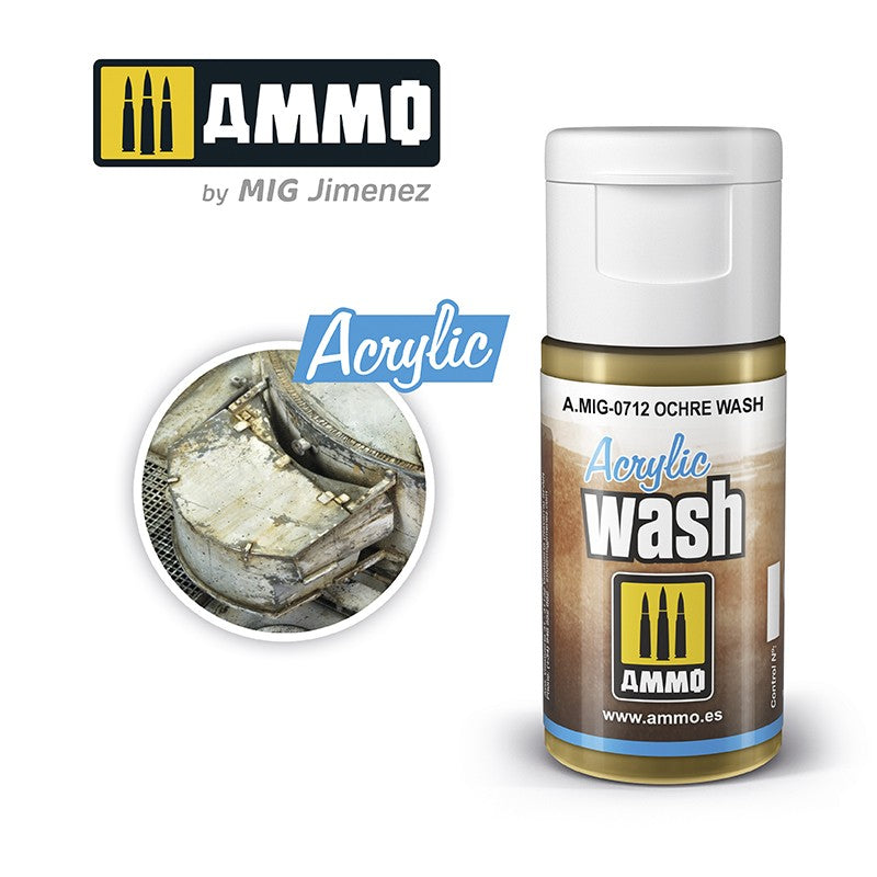 AMMO by MIG Jimenez Ochre Acrylic Wash bottle with an example of a weathered model part.