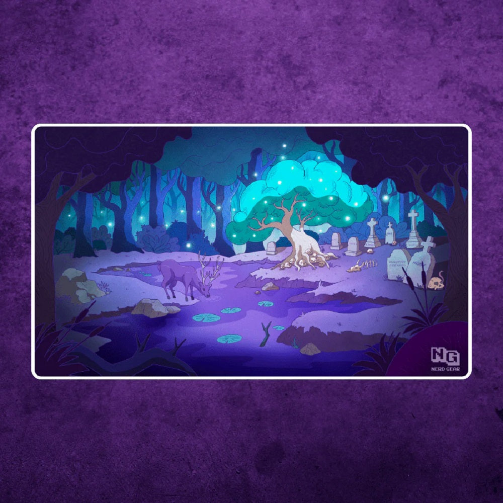 Stylized purple deer drinking in a glowing fantasy forest near tombstones and a radiant tree