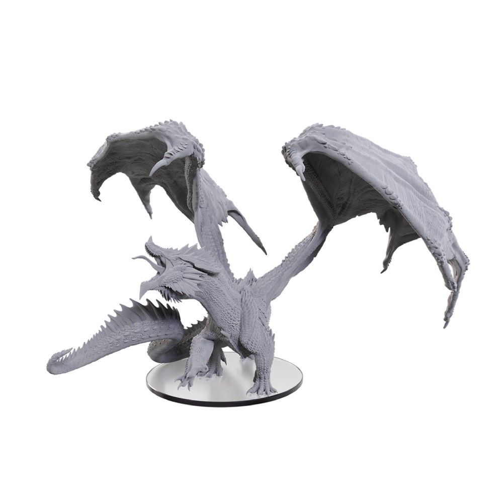 Unpainted resin dragon miniature with open wings and roaring mouth on a circular base