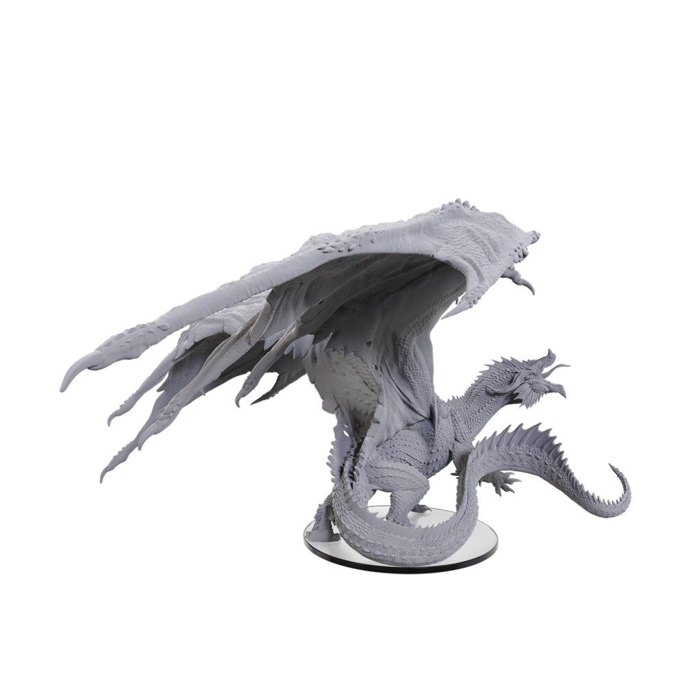 Detailed unpainted resin dragon miniature with large spread wings on a clear base