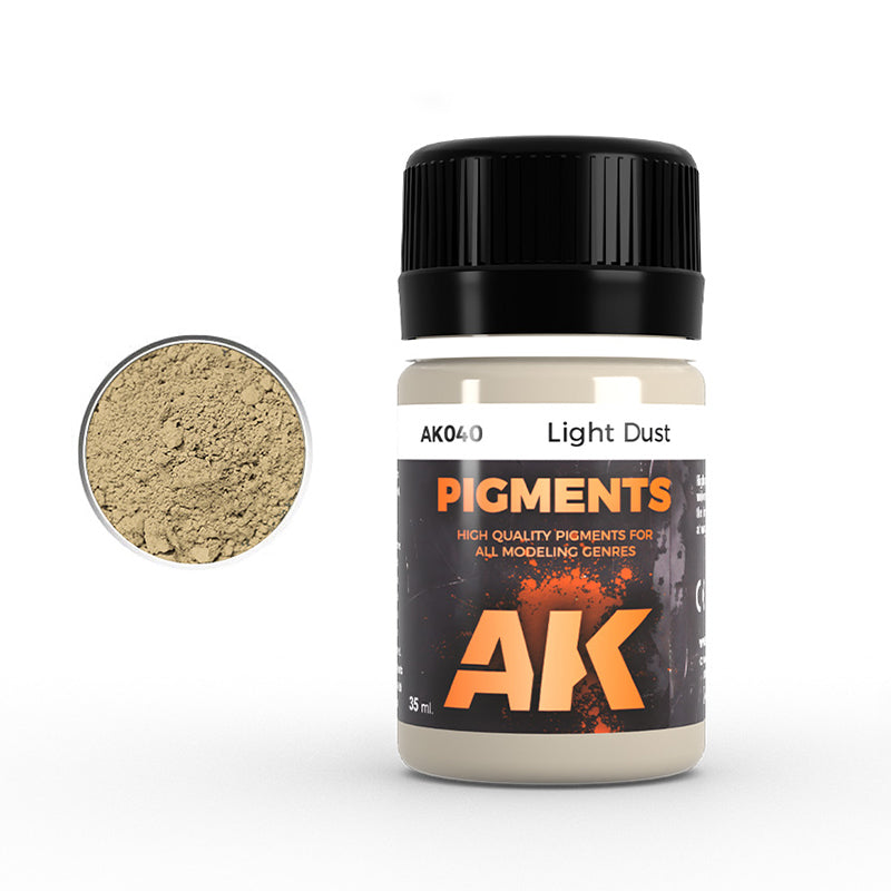 AK040 Light Dust modeling pigment bottle, beige with black cap, and a circular close-up of the fine light brown powder