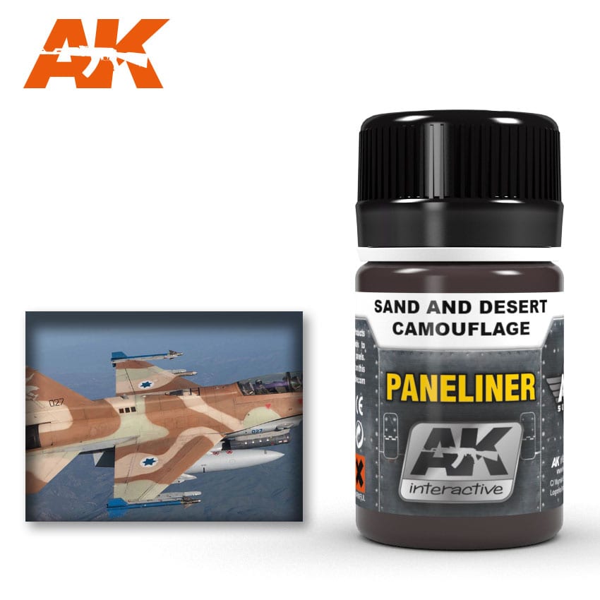 A brown AK Interactive Panelliner bottle for Sand and Desert Camouflage, next to an F-4 jet in desert camo
