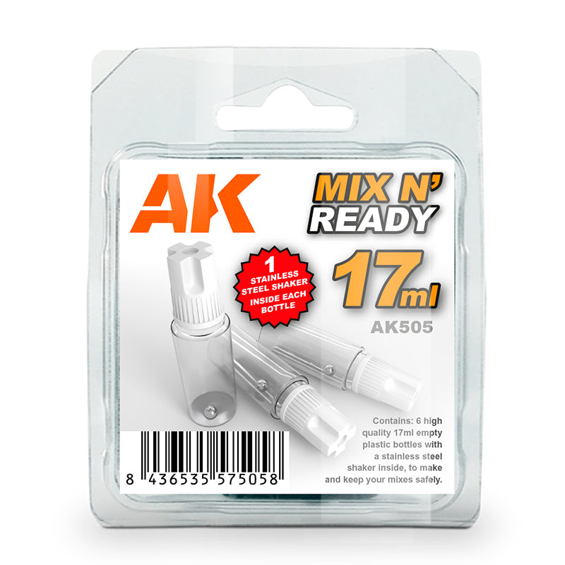 AK Interactive Mix N' Ready 17ml empty plastic bottles with stainless steel shakers in clear blister pack