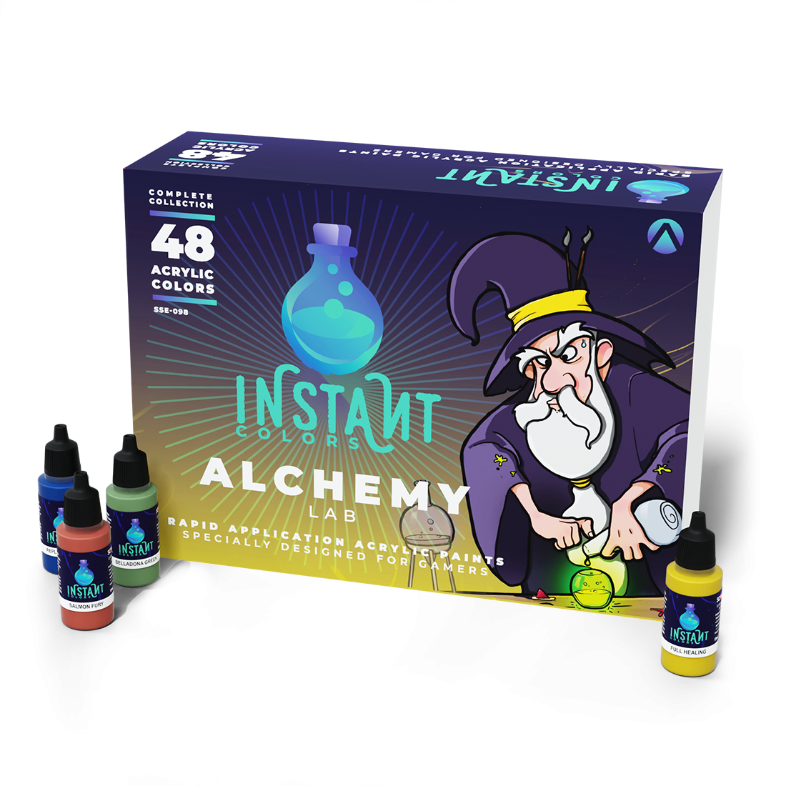 Instant Colors Alchemy Lab 48 acrylic paints box featuring a wizard, with four small paint bottles