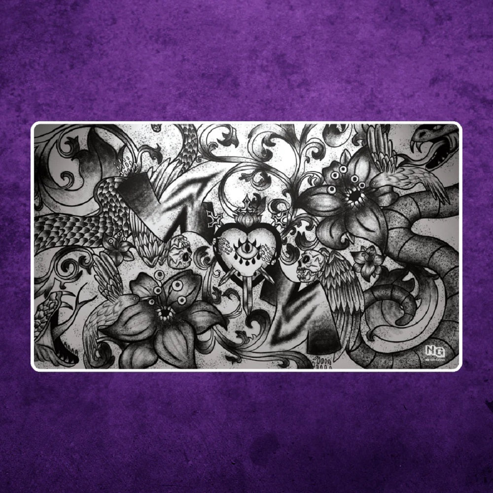 Intricate black and white occult tattoo design featuring a central sacred heart, snakes, flowers, and detailed scrolls