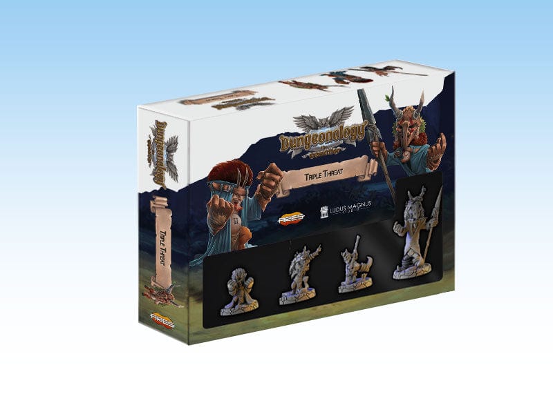 Dungeonology Triple Threat Expansion set box with two character art panels and three unpainted miniatures