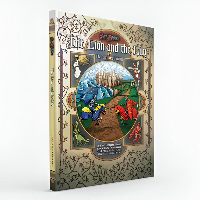 Hardcover sourcebook, "The Lion and the Lily," with a medieval-style cover featuring two knights jousting towards a distant castle