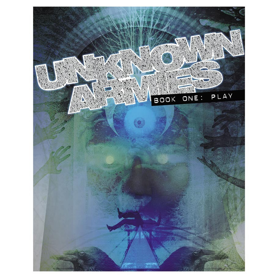 Cover for Unknown Armies Book One: Play. Features a large, glowing-eyed face with reaching hands and a falling figure in a surreal, dark blue scene