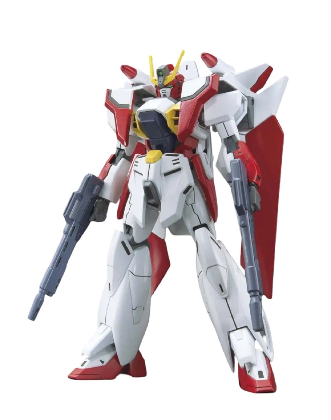 Detailed white and red mecha figure (Gundam) dual-wielding rifles