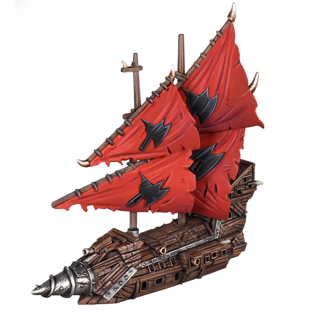 Kings of War Armada Orc Booster Mgaro the Marauder, brown ship, red sails with axes