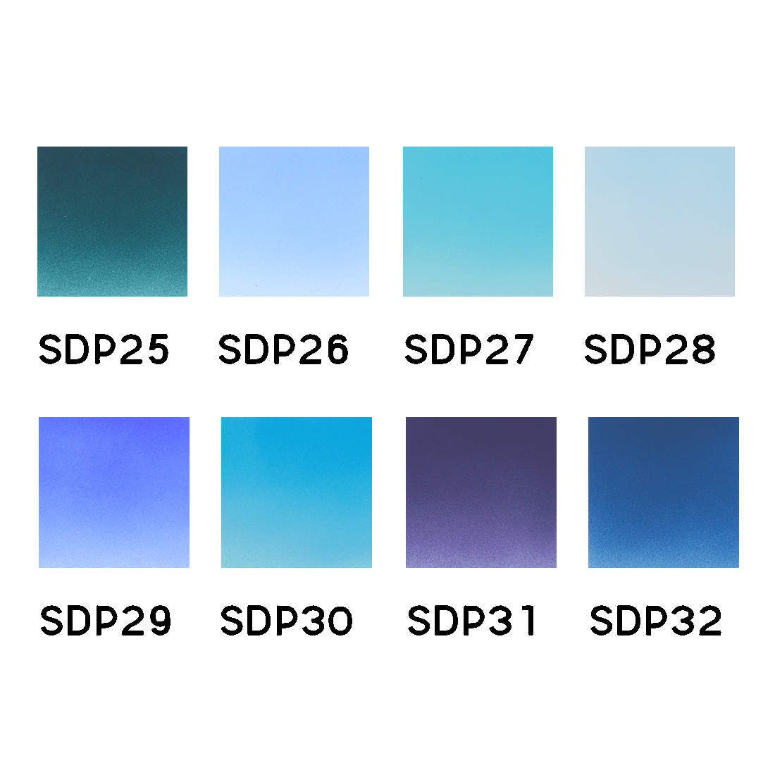 Grid of 8 square color samples (SDP25-SDP32) displaying various shades of blue, green, and purple