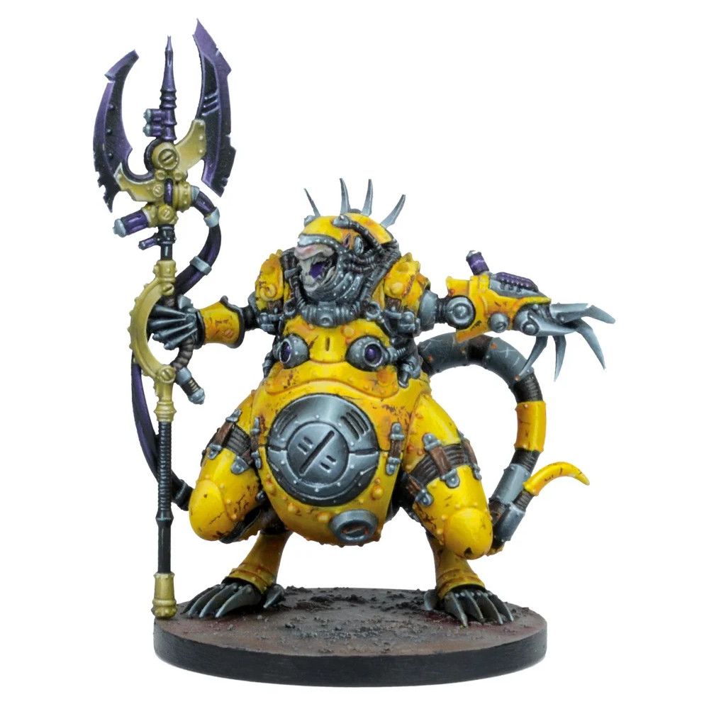 A yellow cyborg rat-like miniature in bulky armor, holding a purple and gold staff with a clawed arm and segmented tail