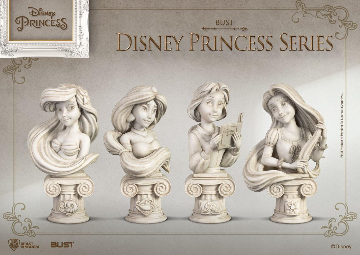 Four antique-style white busts of Disney Princesses Ariel Jasmine Belle and Rapunzel mounted on detailed pedestals