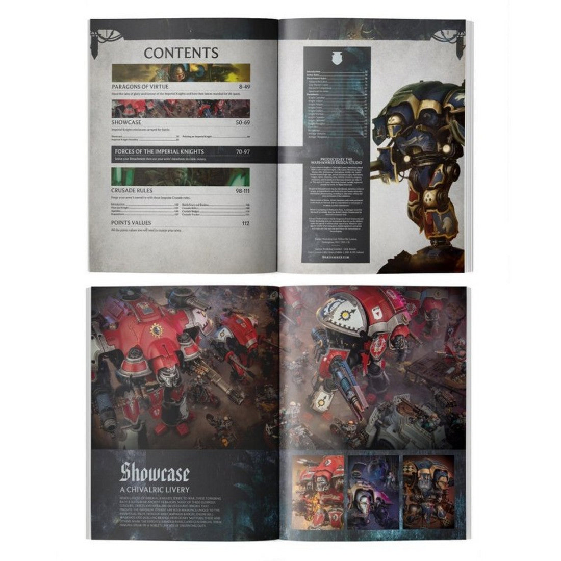 Warhammer 40K Imperial Knights rulebook open to pages showing contents, rules, and illustrations of giant armored war mechs