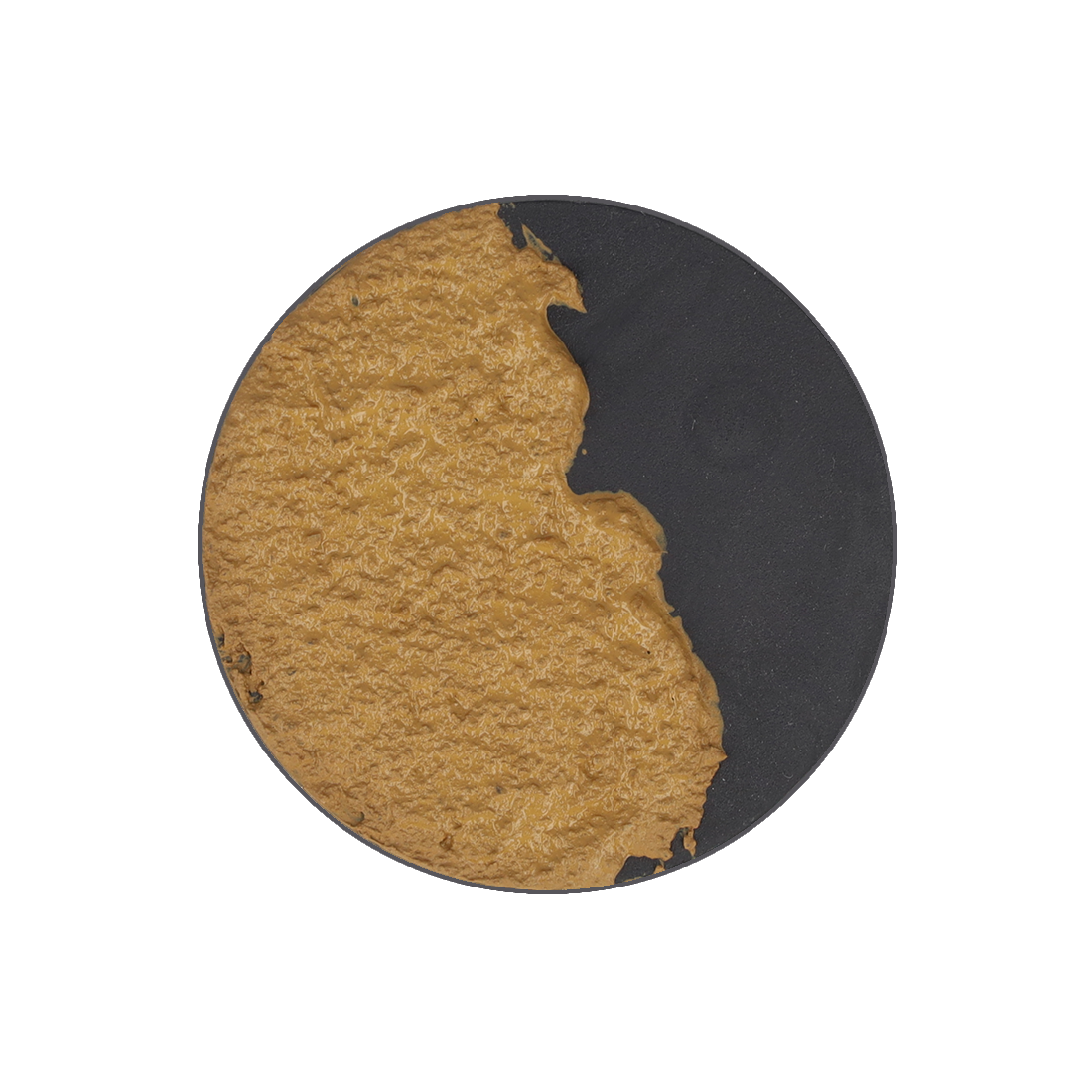 A circular black model base, mostly covered with lumpy, textured brown mud.