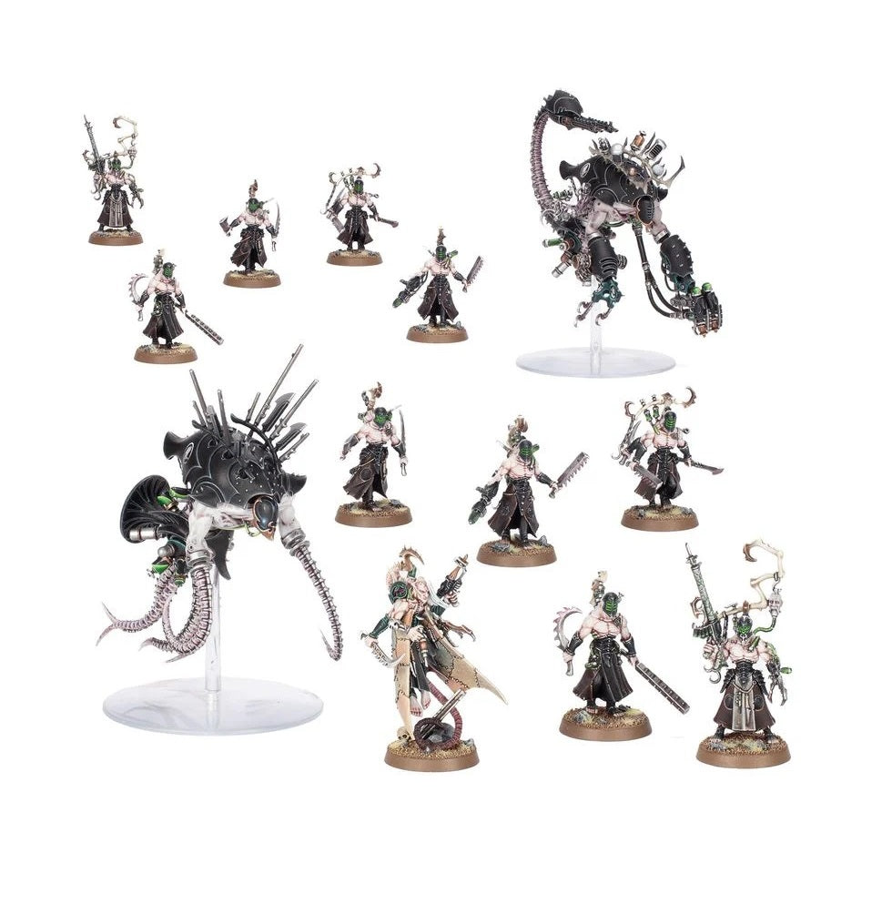 Painted miniatures set featuring 10 Drukhari Wracks and two large bio-mechanical Talos/Cronos Pain Engines