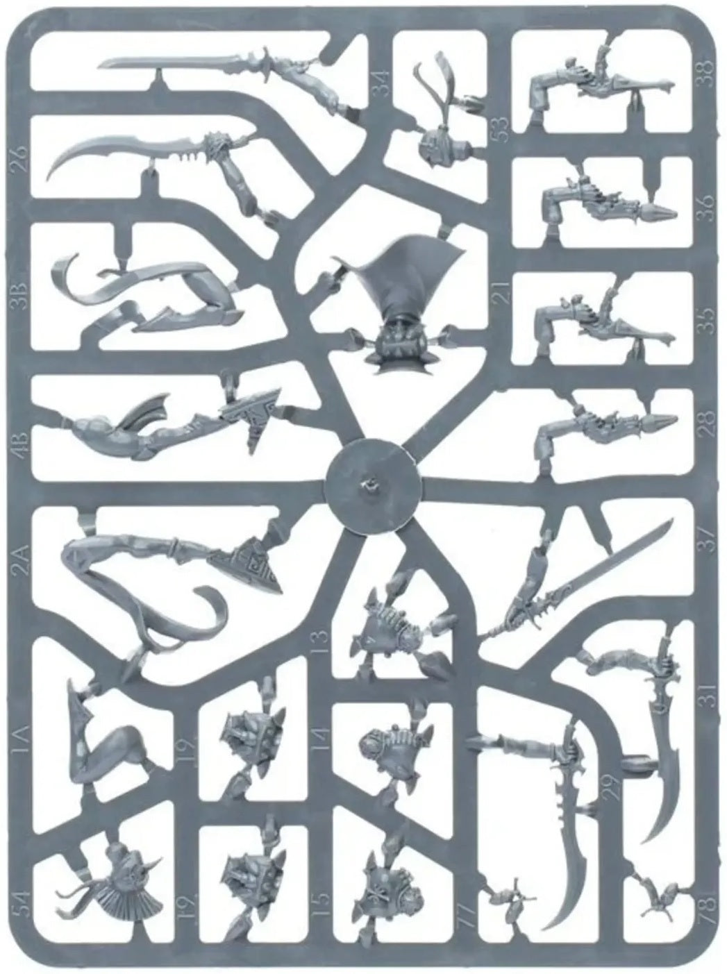 Gray plastic sprue of unassembled miniature model parts, including weapons, heads and limbs