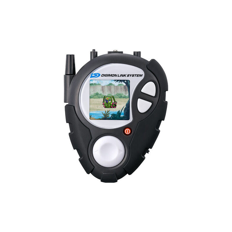 Black Digimon Link System virtual pet device with a screen displaying a green Digimon