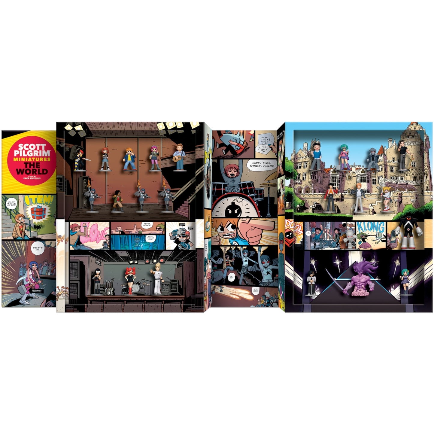 Scott Pilgrim Miniatures The World collector's box with figures in dioramas & comic panel backdrops