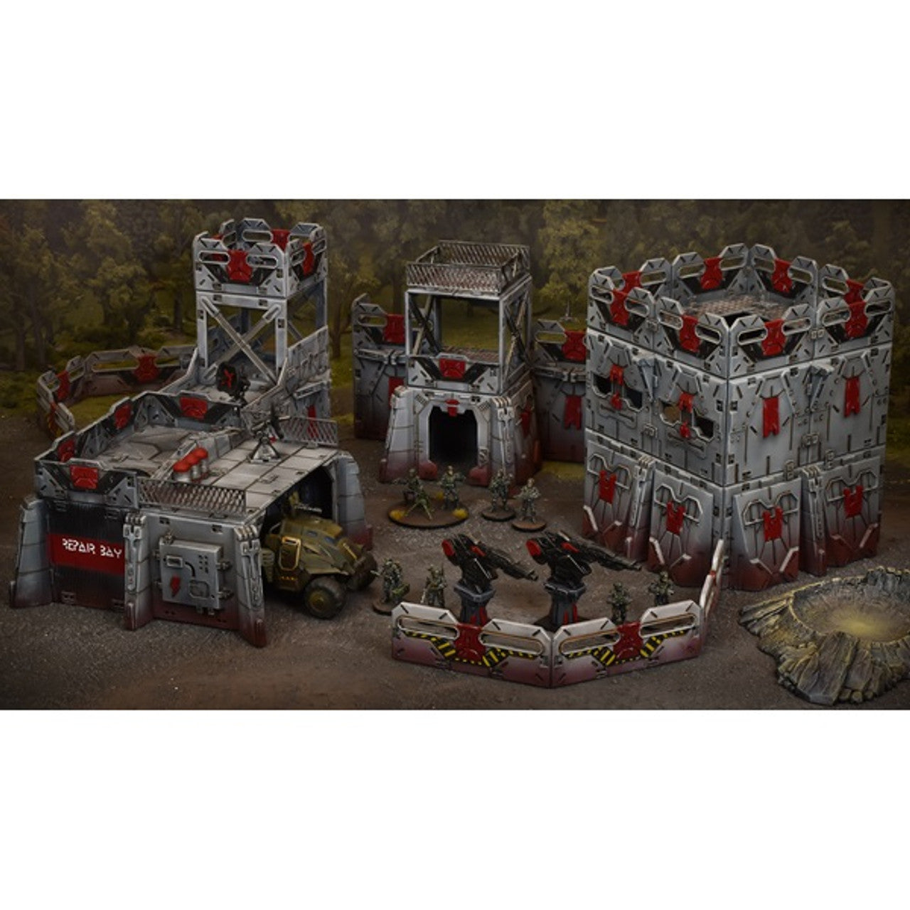 Detailed sci-fi wargame setup with modular grey/red base structures, soldier figures, a vehicle, and turrets