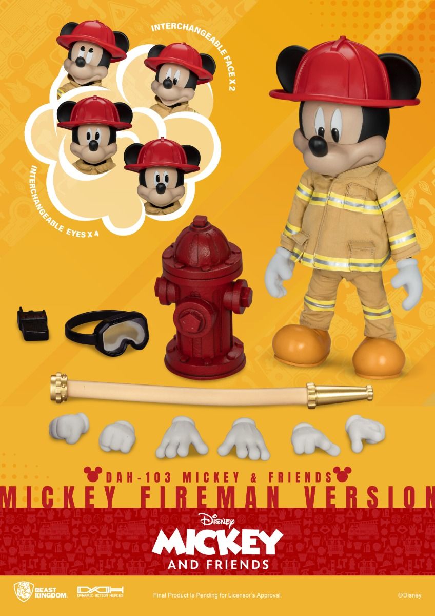 Disney DAH-103 Mickey Friends Fireman Version action figure with interchangeable faces hands and accessories including a fire hydrant and hose