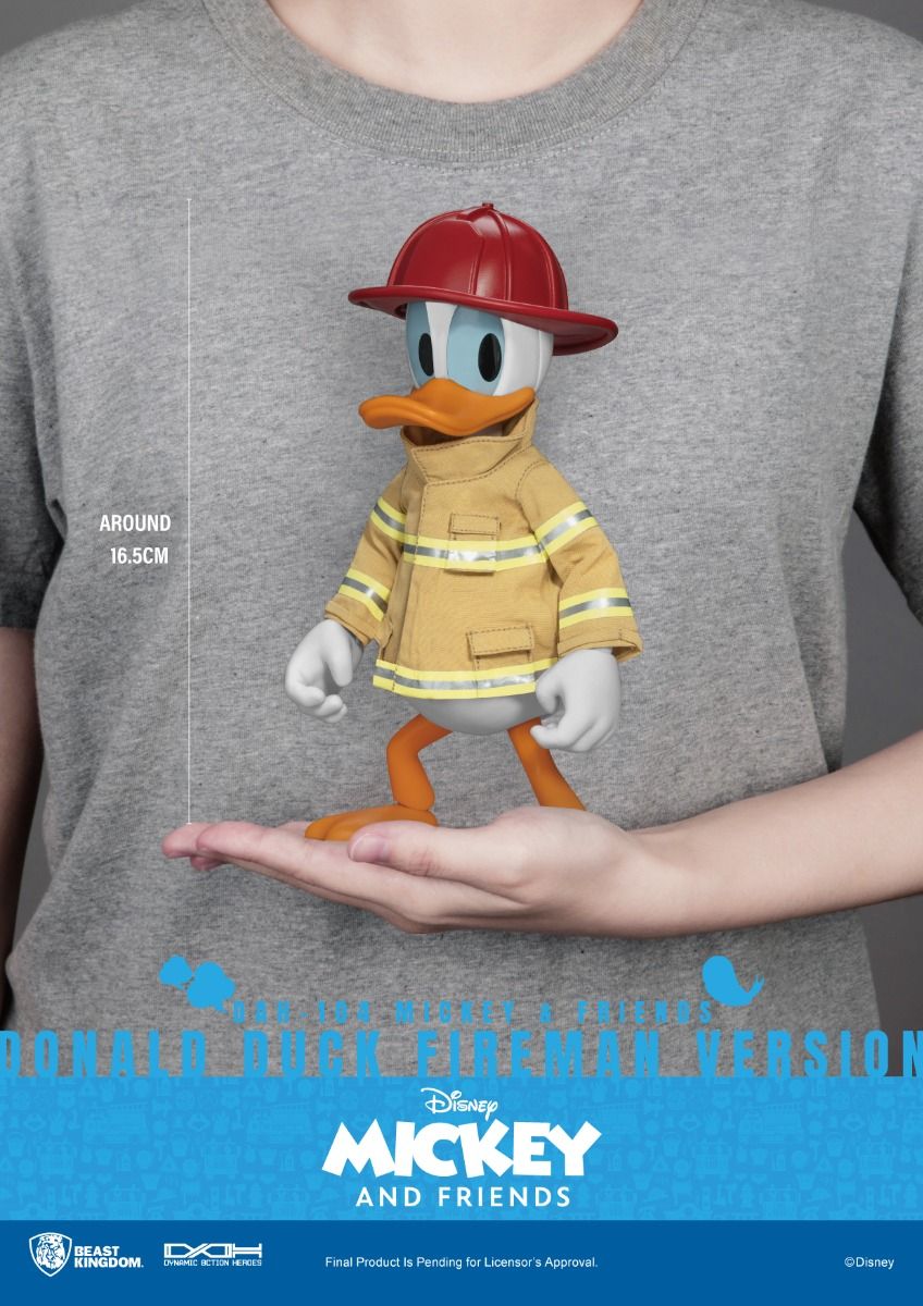 Angled view showing Donald Duck fireman figure pose and base