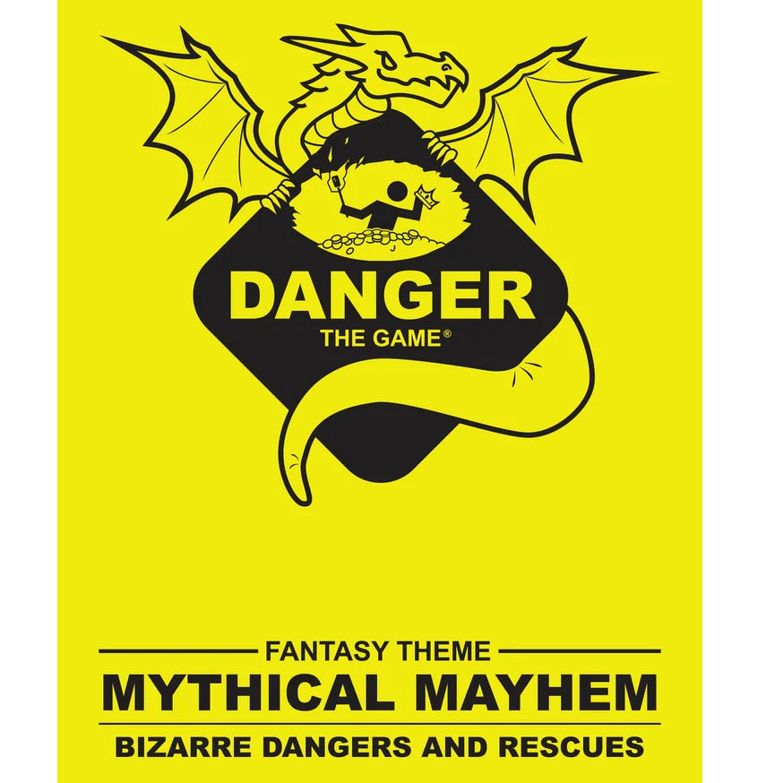 Black dragon holding a "DANGER THE GAME" sign with a falling person & treasure, above "MYTHICAL MAYHEM" on yellow.