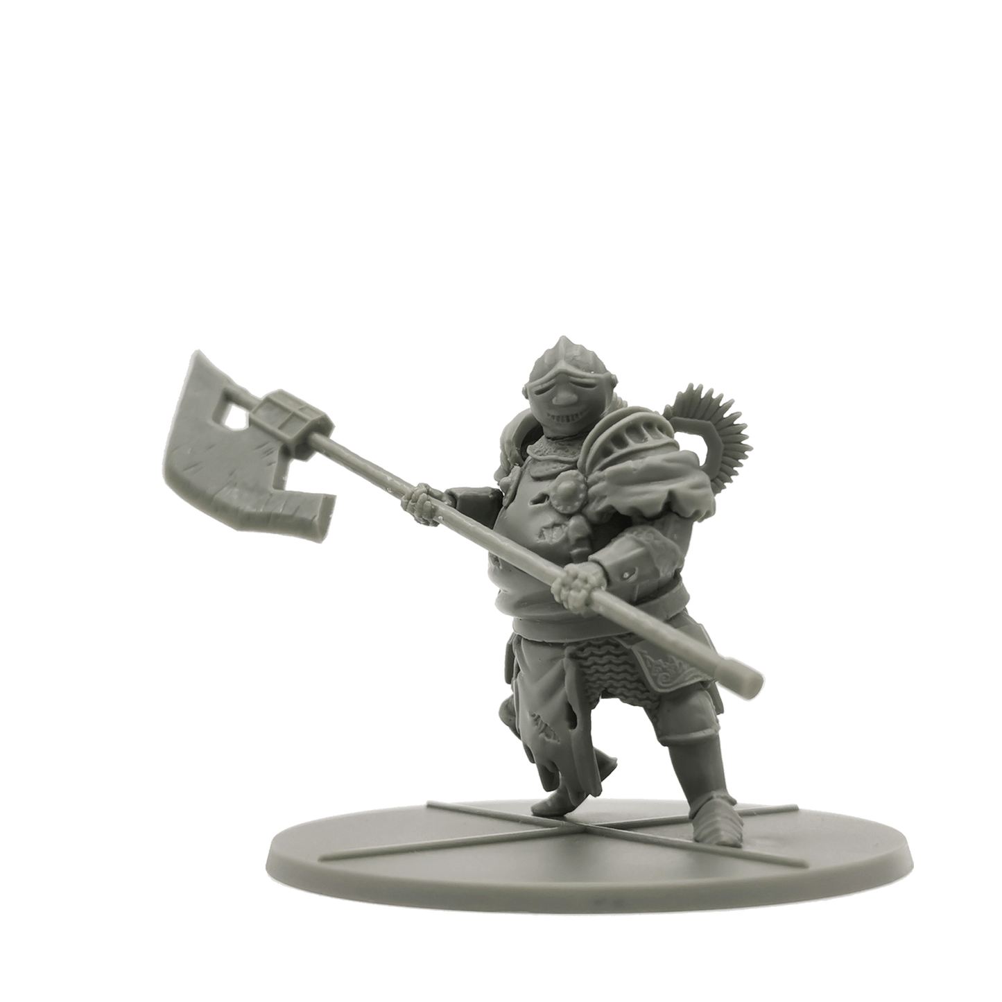 Grey unpainted miniature of a bulky armored warrior holding a large axe