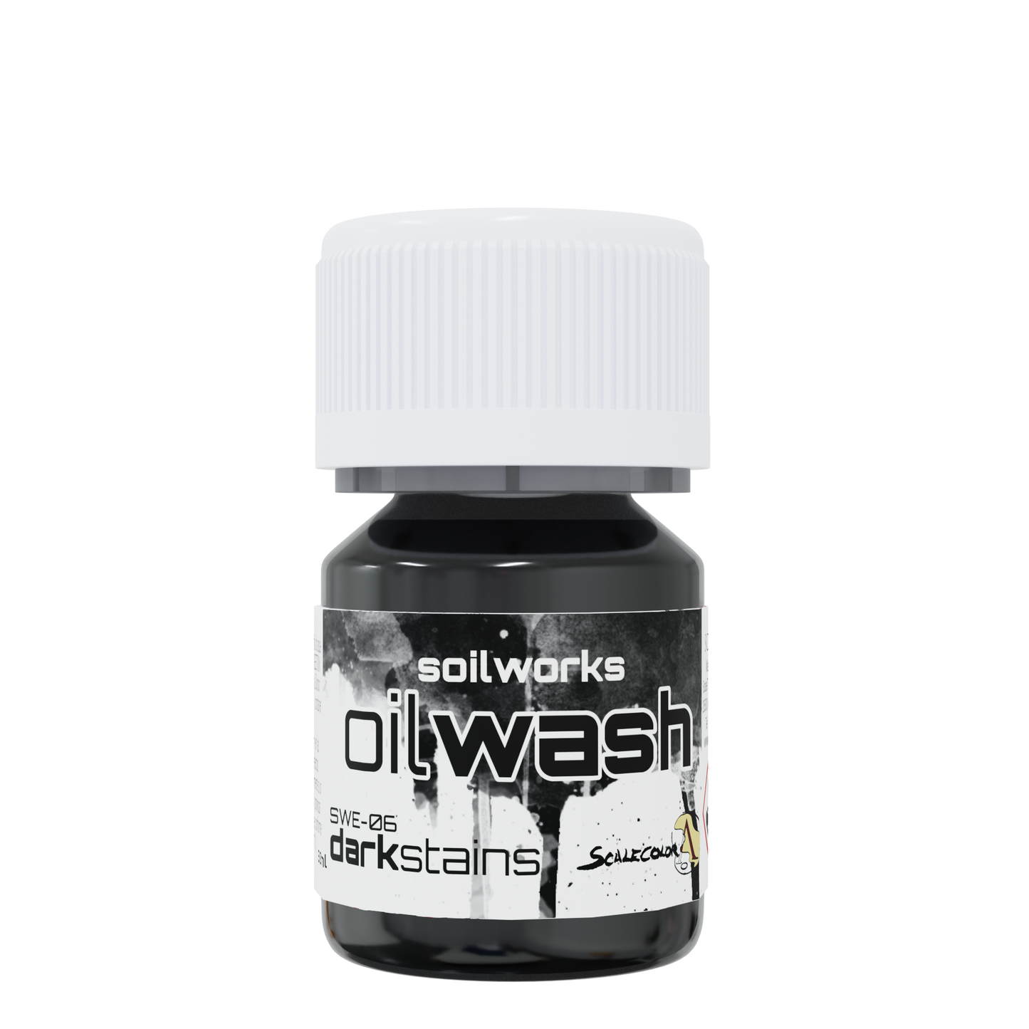 A small black bottle of Soilworks Oilwash Darkstains with a white ribbed cap and a distressed label design.