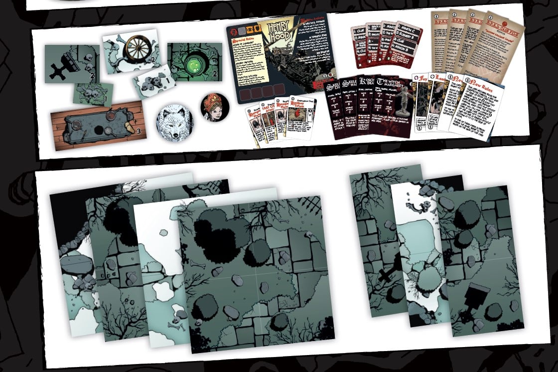 Grim fantasy Hellboy: The Board Game components: modular map tiles, character boards, and various card stacks