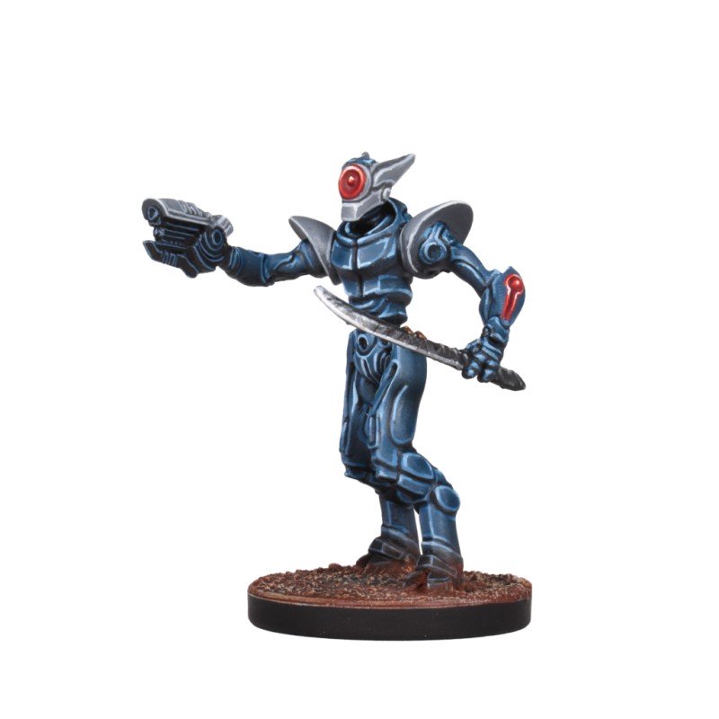 A dark blue robot miniature with a single red eye, holding a gun and a curved sword on a textured base